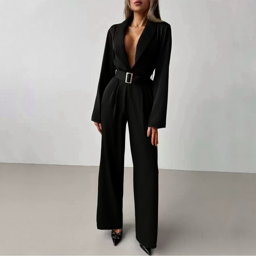 NEW YORKER V Neck Shoulder Pads Jumpsuit with Belt